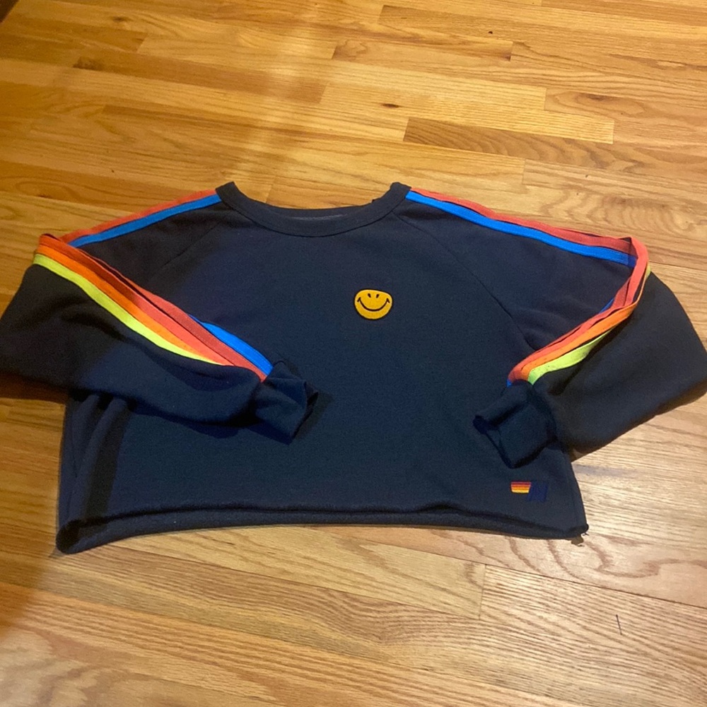 Aviator Nation Smiley Cropped Crew Sweatershirt - Charcoal/Neon Stripe